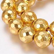 Grade AA Non-Magnetic Synthetic Hematite Bead Strands, Round, Faceted(128 Facets), Golden Plated, 12mm, Hole: 1.5mm, about 33pcs/strand, 15.7 inch(40cm)(G-G652-13G)