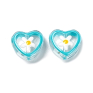 Transparent Glass Beads, with Enamel, Heart with Flower Pattern, Cyan, 12x12x6.5mm, Hole: 0.9mm(X1-GLAA-C026-03D)