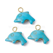 Synthetic Turquoise Pendants, with Golden Plated Iron Loops, Dolphin Charms, Medium Turquoise, 15.5~16x19~19.5x6.5mm, Hole: 3.5mm(PALLOY-JF02371-02)