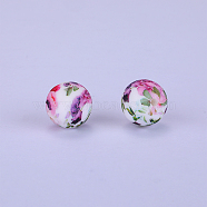 Printed Round with Flower Pattern Silicone Focal Beads, Pink, 15x15mm, Hole: 2mm(SI-JX0056A-157)