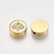 304 Stainless Steel Beads, with Shell, Flat Round with Tree of Life, Golden, 9.5~10x3mm, Hole: 1.5mm(STAS-S079-77A)