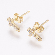 Brass Micro Pave Cubic Zirconia Stud Earrings, with Ear Nuts, Cross, Golden, 8x5x2mm, Pin: 1mm(X-EJEW-F125-05G)