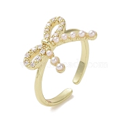 Brass Micro Pave Cubic Zirconia Open Cuff Ring, Bowknot with ABS Imitation Pearl, Real 16K Gold Plated, Inner Diameter: 17mm(RJEW-K256-59G)