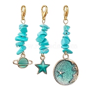 Planet/Star/Flat Round Alloy Enamel Pendant Decorations, with Synthetic Turquoise Chip Bead and Lobster Claw Clasps, Golden, 47~61mm, 3pcs/set(HJEW-JM01621)