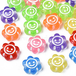 Transparent Acrylic Beads, Craft Style, Flower with Smiling Face, Mixed Color, 10x11x5mm, Hole: 2mm(X-MACR-N012-03-A01)