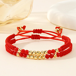 2pcs Bohemian Style Brass Round Beads Braided Bead Bracelets, Acrylic Beaded Bracelets for Women, Red, Inner Diameter: 11 inch(28cm)(BG7605)