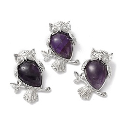 Natural Amethyst Teardrop Pendant Rhinestone Settings, Rack Plating Platinum Plated Brass Owl Charms, Long-Lasting Plated, Fit for 1.8mm Rhinestone, 34.5x24x7.5~8mm, Hole: 5x3mm(G-K339-02P-02)