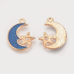 Alloy Enamel Pendants, Cadmium Free & Lead Free, Moon with Star, Golden, Royal Blue, 20x16x1.5mm, Hole: 1.5mm(ENAM-Q428-01)