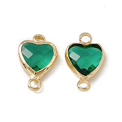 Transparent K9 Glass Connector Charms, Heart Links, with Light Gold Tone Brass Findings, Emerald, 14x8.5x3.7mm, Hole: 1.8mm(GLAA-A005-31LG-02)