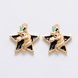 Brass Enamel Pendants, Nickel Free, Star with Unicorn, Real 18K Gold Plated, Black, 15.5x14x3.5mm, Hole: 1mm(KK-T049-024G-02-NF)