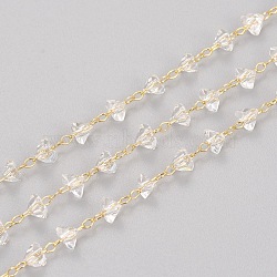 3.28 Feet Handmade Glass Beaded Chains, with Golden Tone Brass Findings, Soldered, Long-Lasting Plated, Triangle, Faceted, Clear, 3.5~4x4~4.5x3mm(X-KK-I647-15H)