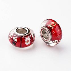 Large Hole Rondelle Resin European Beads, with Platinum Tone Brass Double Cores, Christmas, Red, 14x8mm, Hole: 5mm(RPDL-H003-09)