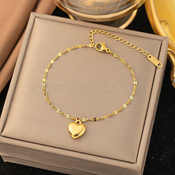 304 Stainless Steel Charm Chain Braclets, Heart, Real 18K Gold Plated, 6 inch(15.1cm)(BJEW-C084-04G)