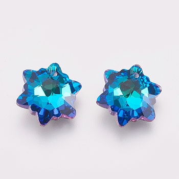 K9 Glass Rhinestone Pendants, Imitation Austrian Crystal, Faceted, Snowflake, Bermuda Blue, 14x7mm, Hole: 1.6mm