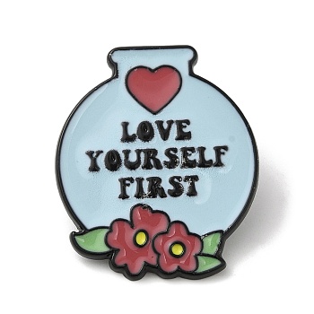 Inspirational Word Love Yourself First & Flower Enamel Pins, Black Alloy Badge for Women, Light Cyan, 33x28x2mm