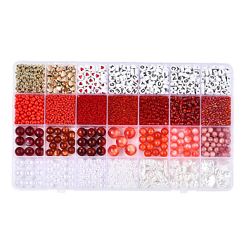 DIY 28 Style Resin & Acrylic & ABS Beads Jewelry Making Finding Kit, Flat Round & Rice & Barrel & Nugget & Heart & Strip, Orange Red, 5.5~18.5x7~14x2~12x1.5~11mm, Hole: 0.7~2mm