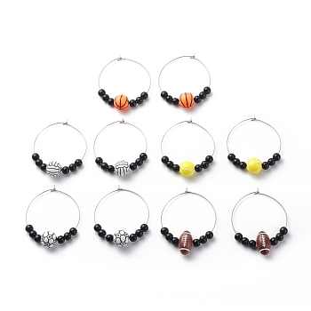 Sport Theme Acrylic Round Beaded Hoop Earrings, 316 Surgical Stainless Steel Jewelry for Women, Mixed Color, 40mm, Pin: 0.7mm