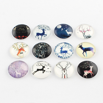 Half Round/Dome Christmas Reindeer/Stag Pattern Glass Flatback Cabochons for DIY Projects, Mixed Color, 12x4mm