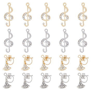 20Pcs 4 Style Rack Plating Alloy Rhinestone Pendants, Cadmium Free & Nickel Free & Lead Free, Musical Note & Instruments Charms, Platinum & Golden, 18.5~28x11~12.5x3~4mm, Hole: 1.5~2mm, 5Pcs/style