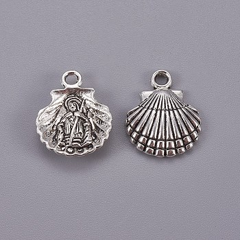 Tibetan Style Alloy Pendants, Scallop/Shell with Human, Cadmium Free & Lead Free, Antique Silver, 18x14x3mm, Hole: 2mm