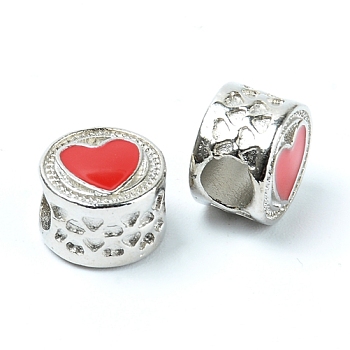 Zinc Alloy European Enamel Beads, Large Hole Beads, Flat Round with Heart, Platinum, Red, 11.5x8.5mm, Hole: 5mm