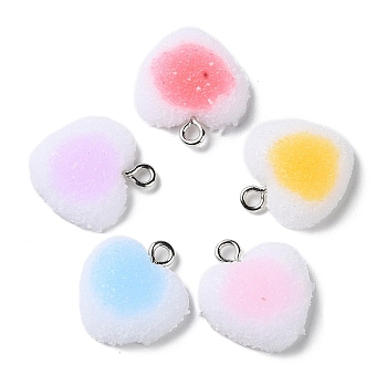 Opaque Resin Pendants, Druzy Heart Charms with Platinum Plated Iron Loops, Mixed Color, 18.5x17x7mm, Hole: 2mm