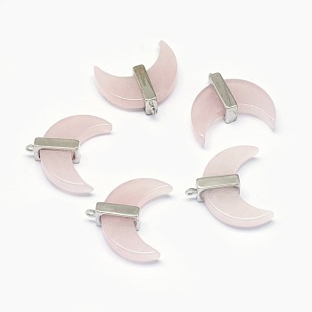 Natural Rose Quartz Pendants, with Long-Lasting Plated Brass Findings, Moon, Silver Color Plated, 21x22x7mm, Hole: 1.2mm
