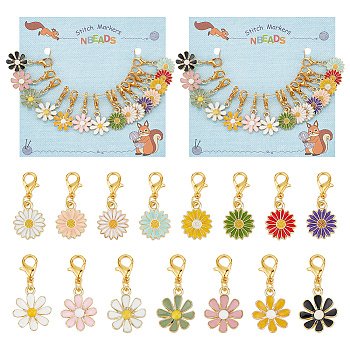 Alloy Enamel Pendant Stitch Markers, Sunflower & Daisy Crochet Lobster Clasp Charms, Locking Stitch Marker with Wine Glass Charm Ring, Mixed Color, 2.9~3.1cm, 15pcs/set