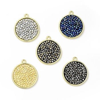Rhinestone Pendants, with Light Gold Plated Brass Findings, Flat Round, Cadmium Free & Lead Free, Mixed Color, 25.5x22.5x2.5mm, Hole: 1.8mm