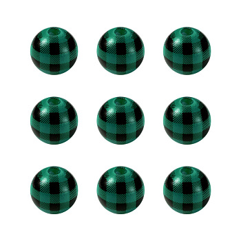 Natural Wooden Beads, Plaid Beads, Tartan Pattern, Round, Green, 5/8 inch(16mm), Hole: 4mm
