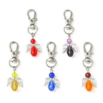 Angel Glass Pendant Decoration, with Alloy Swivel Lobster Claw Clasps, Mixed Color, 68mm