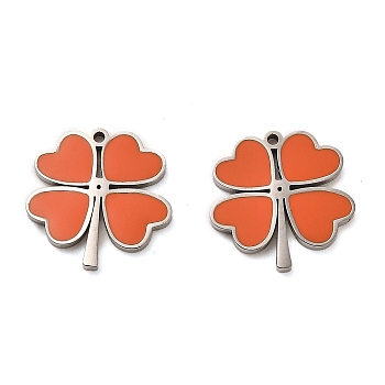 304 Stainless Steel Enamel Charms, Stainless Steel Color, Heart Clover Charms, Chocolate, 15x15x1.5mm, Hole: 1mm