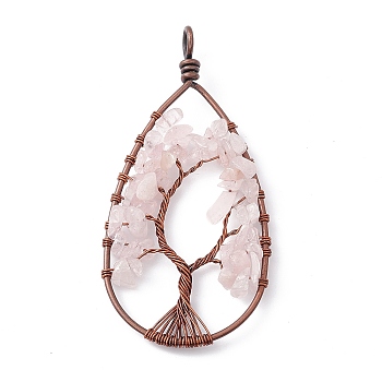 Teardrop Natural Rose Quartz Copper Wire Wrapped Chip Big Pendants, Tree of Life Charm, with Red Copper Tone Iron Findings, 76~83x39~43x8mm, Hole: 5~6.2mm