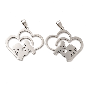 Mother's Day 201 Stainless Steel Pendants, Mother with Baby, Hollow Heart Charms, Stainless Steel Color, 30x31x1.4mm, Hole: 6.5x3.3mm
