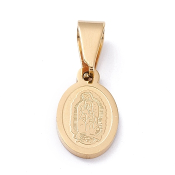Vacuum Plating 304 Stainless Steel Lady of Guadalupe Charms, Oval with Virgin Mary, Golden, 14x8.5x1.5mm, Hole: 7.8x3.5mm