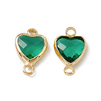 Transparent K9 Glass Connector Charms, Heart Links, with Light Gold Tone Brass Findings, Emerald, 14x8.5x3.7mm, Hole: 1.8mm