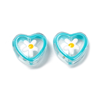 Transparent Glass Beads, with Enamel, Heart with Flower Pattern, Cyan, 12x12x6.5mm, Hole: 0.9mm