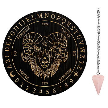 AHADEMAKER 1Pc Cone/Spike/Pendulum Natural Rose Quartz Stone Pendants, 1Pc 304 Stainless Steel Cable Chain Necklaces, 1Pc PVC Custom Pendulum Board, Dowsing Divination Board, Goat Pattern, Board: 200x4mm