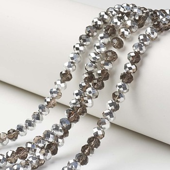 Electroplate Transparent Glass Beads Strands, Half Silver Plated, Faceted, Rondelle, Camel, 6x5mm, Hole: 1mm, about 83~85pcs/strand, 38~39cm