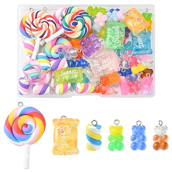 DIY Pendant Jewelry Making Finding Kit, Including Resin & Polymer Clay Pendants, Bear & Cany & Lollipop & Marshmallow Charms, Mixed Color, 17~56x9~21x6.5~10mm, Hole: 1.8~2mm, 50Pcs/box
