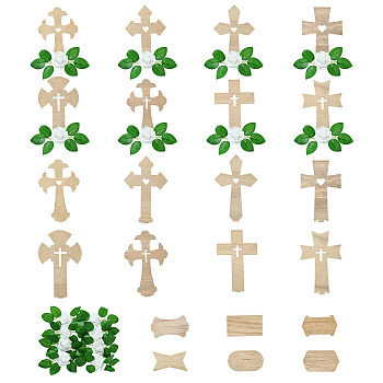 4 Styles Wood Craft Decorations, for Home Office Desk, Cross with Flower, Tan, 170x110x2.4mm, 8pcs/set