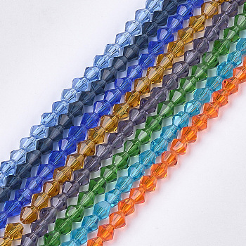 Transparent Glass Beads Strands, Faceted, Bicone, Mixed Color, 6x5.5~6mm, Hole: 1mm, about 50pcs/strand, 11.02 inch