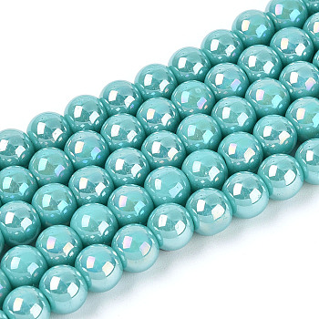 Electroplate Opaque Glass Beads Strands, Round, AB Color Plated, Turquoise, 6~6.5mm, Hole: 0.9mm, about 67~70pcs/strand, 14.57~15.16 inch(37~37.5cm)