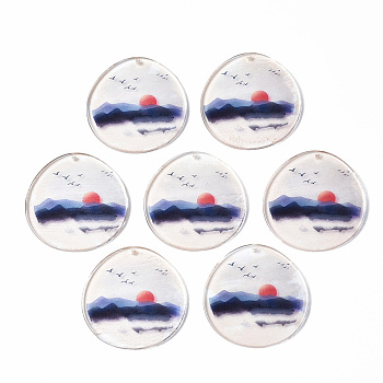 Transparent Printed Acrylic Pendants, Teardrop with Mountain, Colorful, 40x38.5x2.5mm, Hole: 1.5mm
