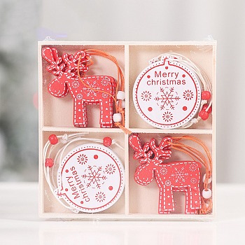 Christmas Wooden Box Set Pendant Decoration, for Christmas Tree Hanging Ornaments, Deer & Flat Round, Mixed Shapes, 60mm, 12pcs/set