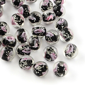 Handmade Luminous Inner Flower Lampwork Beads, Round, Black, 12mm, Hole: 2mm