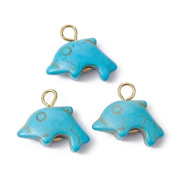 Synthetic Turquoise Pendants, with Golden Plated Iron Loops, Dolphin Charms, Medium Turquoise, 15.5~16x19~19.5x6.5mm, Hole: 3.5mm
