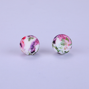 Printed Round with Flower Pattern Silicone Focal Beads, Pink, 15x15mm, Hole: 2mm