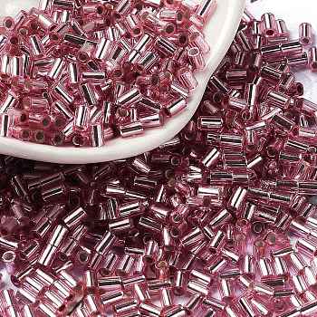 Baking Paint Glass Round Bugle Beads, Silver Lined, Tube, Pale Violet Red, 3.5~3.8x2~2.5mm, Hole: 1.2mm
