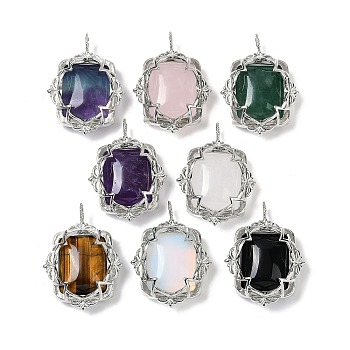 Natural & Synthetic Mixed Gemstone Pendants, Brass Flower Charms, Rack Plating, Long-Lasting Plated, Lead Free & Cadmium Free, Platinum, 36x26.5x11mm, Hole: 3x4.5mm